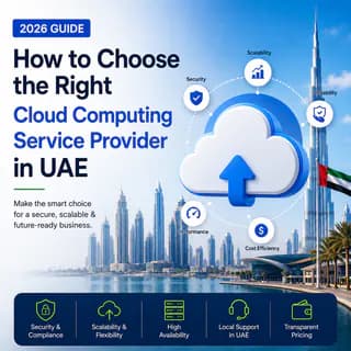 Cover image for a 2026 guide: 'How to Choose the Right Cloud Computing Service Provider in UAE' with a cloud graphic and Dubai skyline in the background.