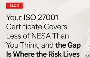 Illustration of an ISO 27001 certificate and a NESA checklist, joined by a missing puzzle piece with a red warning symbol.