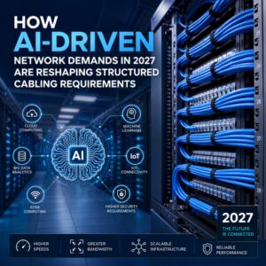 Infographic of a data center with blue cables and a central AI icon connected to cloud computing, machine learning, IoT connectivity, edge computing, big data analytics, and higher security requirements.